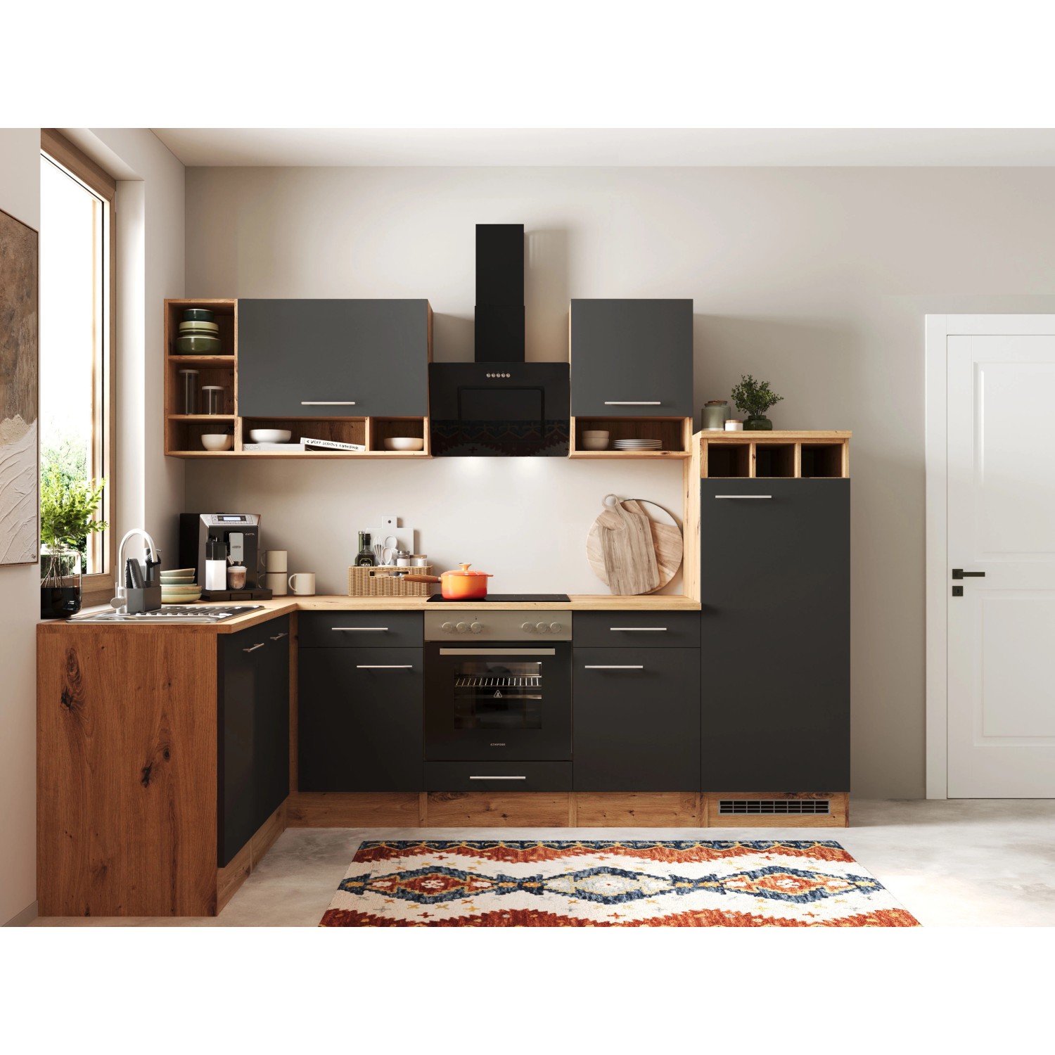 Respekta Winkelküche Hilde in Grau mit Kücheninsel, 280x172 cm, inklusive Elektrogeräte.