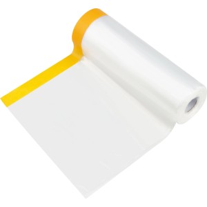 Transparente Abdeckfolie mit gelbem Washi-Klebeband auf Rolle. Ideal für Malerarbeiten und Oberflächenschutz.