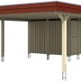 Skan Holz Doppelcarport Wendland Natur mit roter Blende und Anbau. Carport aus Holz mit Geräteraum.