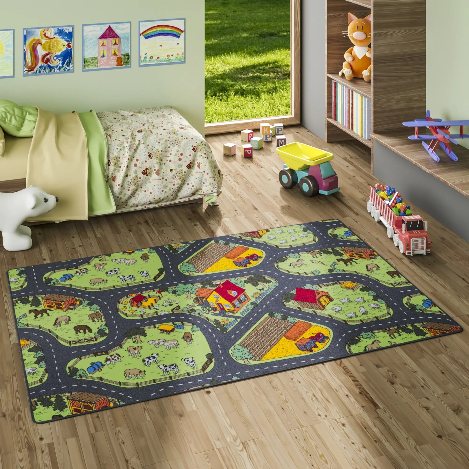 Anthrazitfarbener Kinder Straßenteppich 200x250cm mit Bauernhof-Motiv im Kinderzimmer.