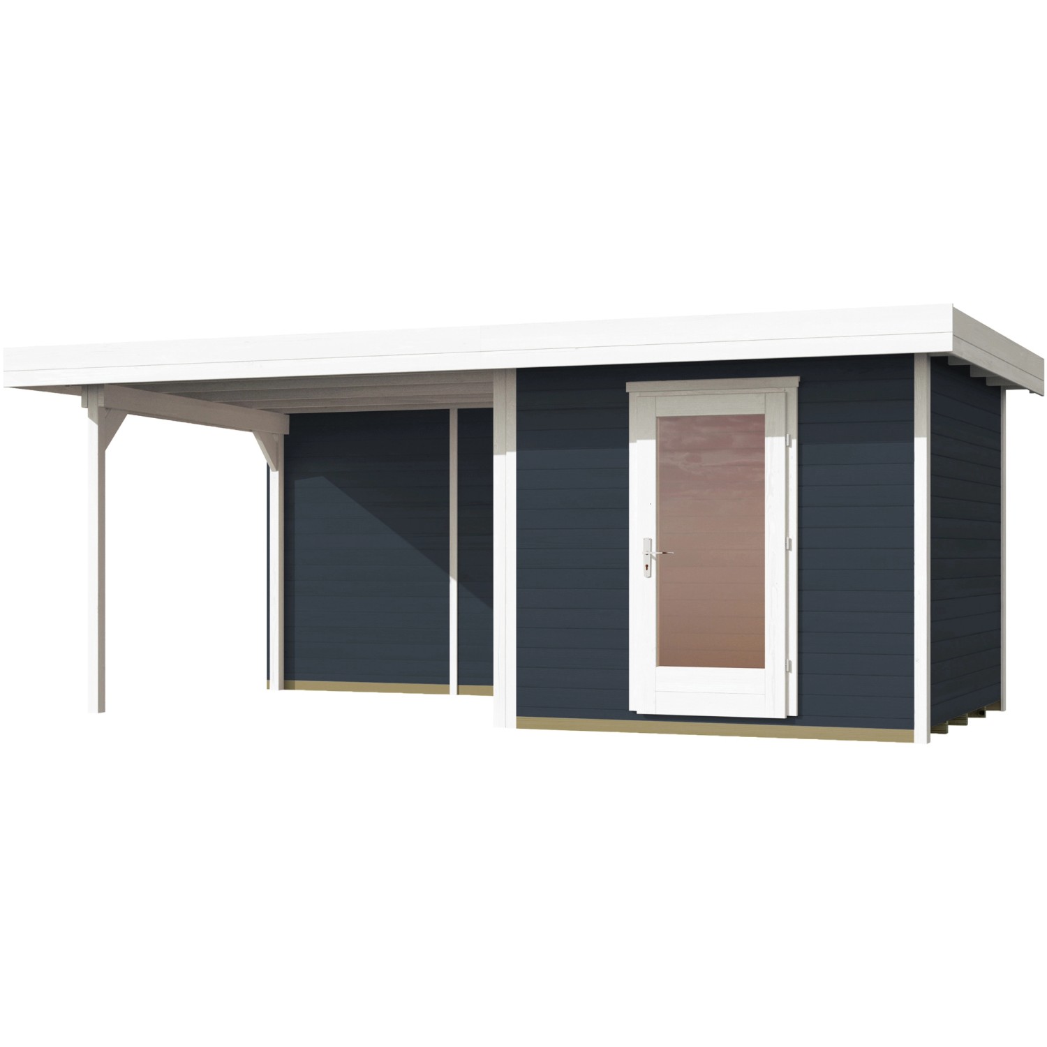 Modernes, lasiertes OBI Gartenhaus Florenz mit Flachdach und überdachter Außenfläche.