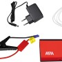Mini Lithium Power Pack 200 A mit Zubehör: Ladekabel, Adapter, Polzangen und LED-Arbeitsleuchte.