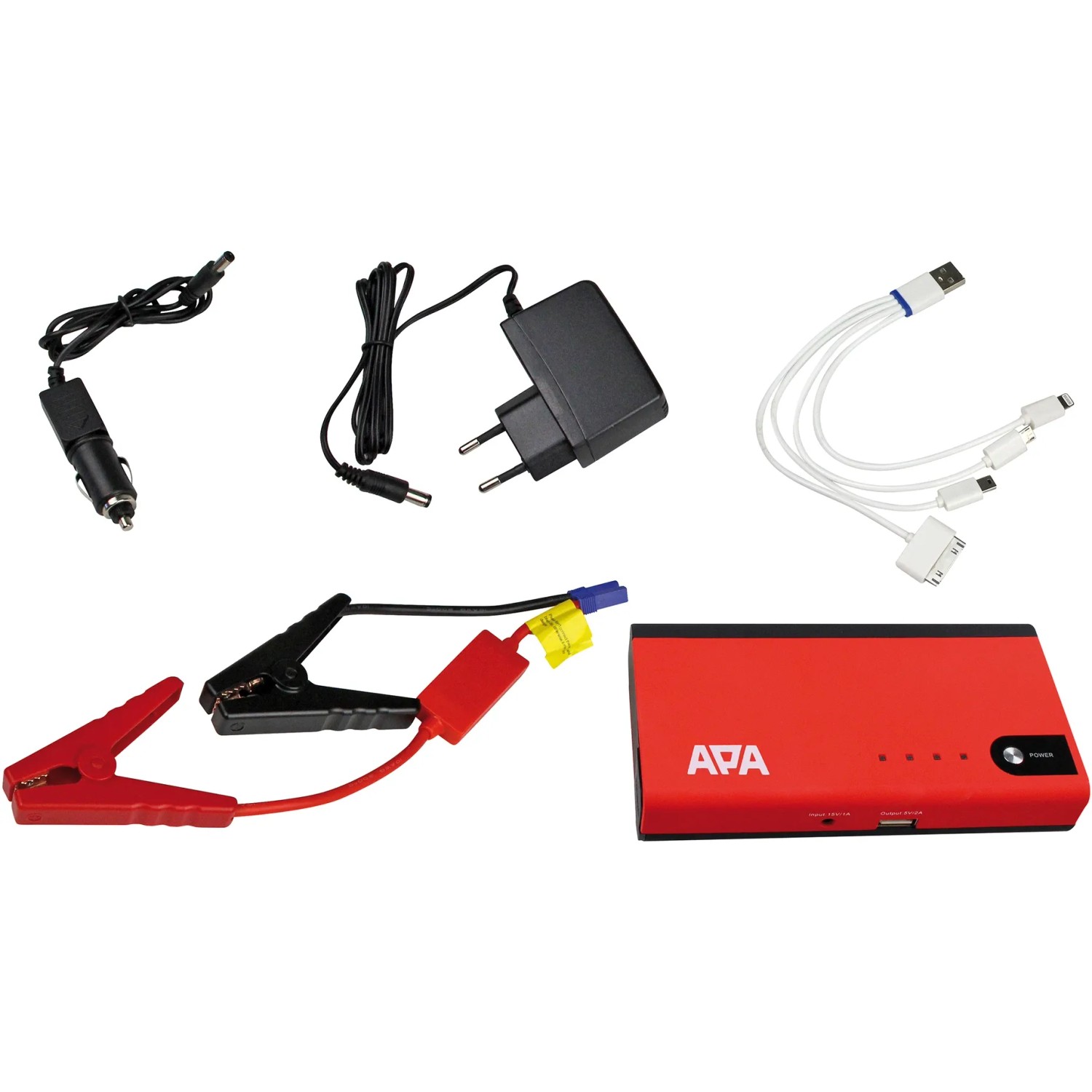Mini Lithium Power Pack 200 A mit Zubehör: Ladekabel, Adapter, Polzangen und LED-Arbeitsleuchte.