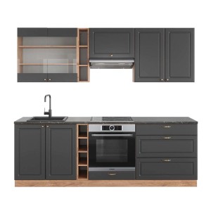 Vicco Fame-Line Küchenzeile in Anthrazit/Eiche mit Spüle, Herd und Hängeschränken.