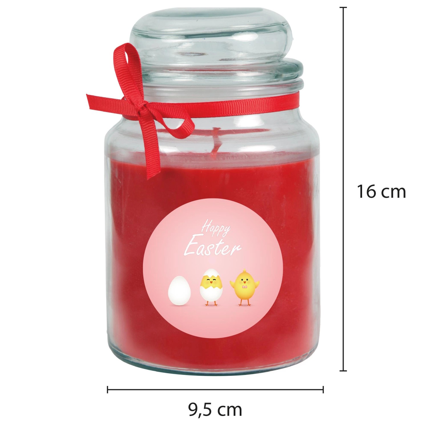 Rote Duftkerze im Glas mit Oster-Motiv und Küken, 110h Brenndauer.