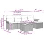 Graues 6-tlg. vidaXL Garten-Sofa-Set aus Polyrattan mit Kissen und Tisch, Maße eingezeichnet.