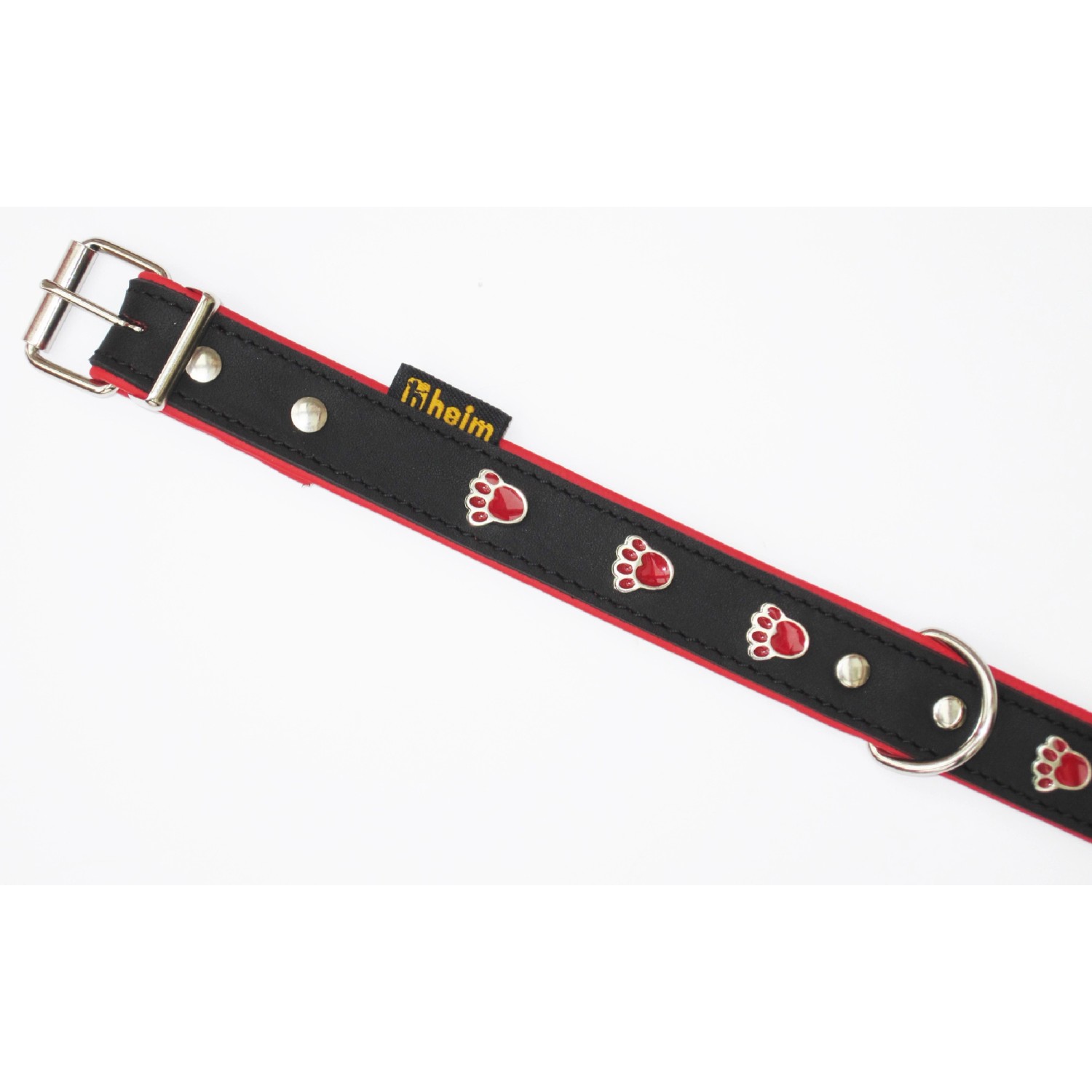 Schwarzes Heim Hundehalsband mit roten Pfoten, 22 mm breit und 35 cm lang.