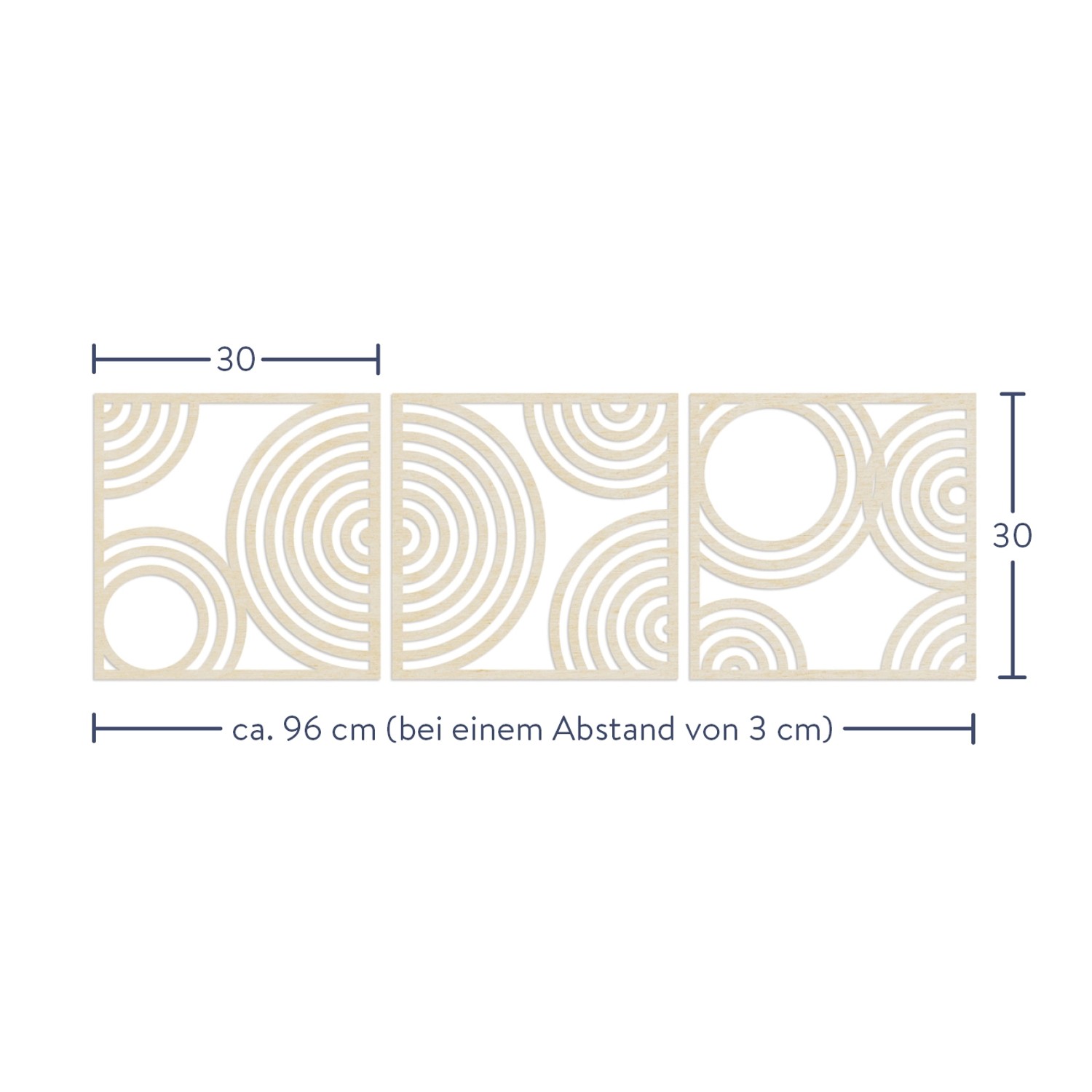 WANDStyle Wanddeko aus Holz, Kreise, 3-teilig, 96x30 cm, Pappelholz, abstrakte Kreismuster.