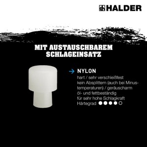 Halder Durchschlag 10mm: Schlagkopf aus robustem, splitterfreiem Nylon für schonendes Arbeiten.