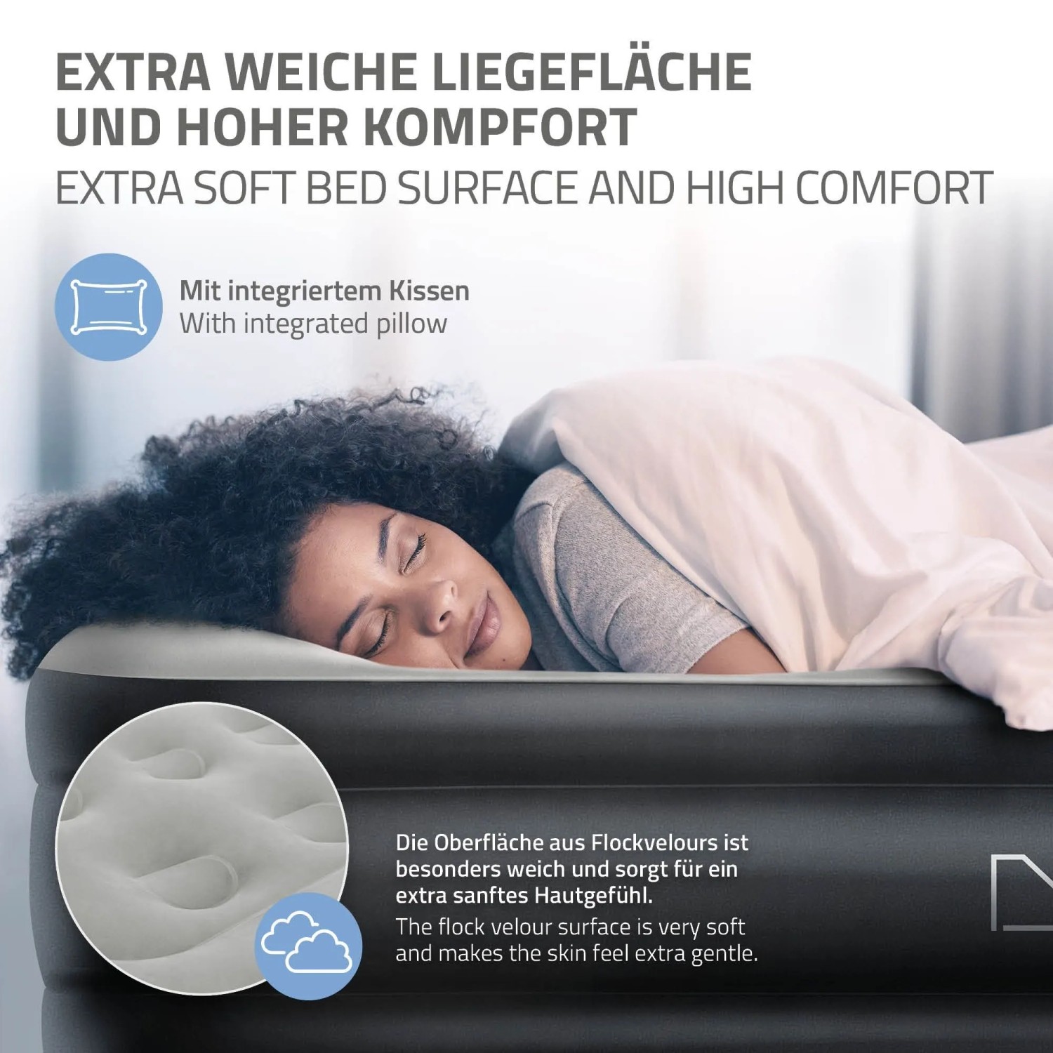 Graues ML-Design Luftbett für 2 Personen mit weicher Flockvelours-Oberfläche und integriertem Kissen. Selbstaufblasend.