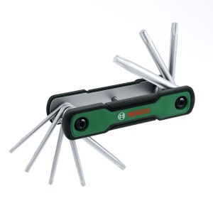 Bosch Torx-Schlüsselsatz, 8-teilig, klappbar, mit grün-schwarzem Griff.
