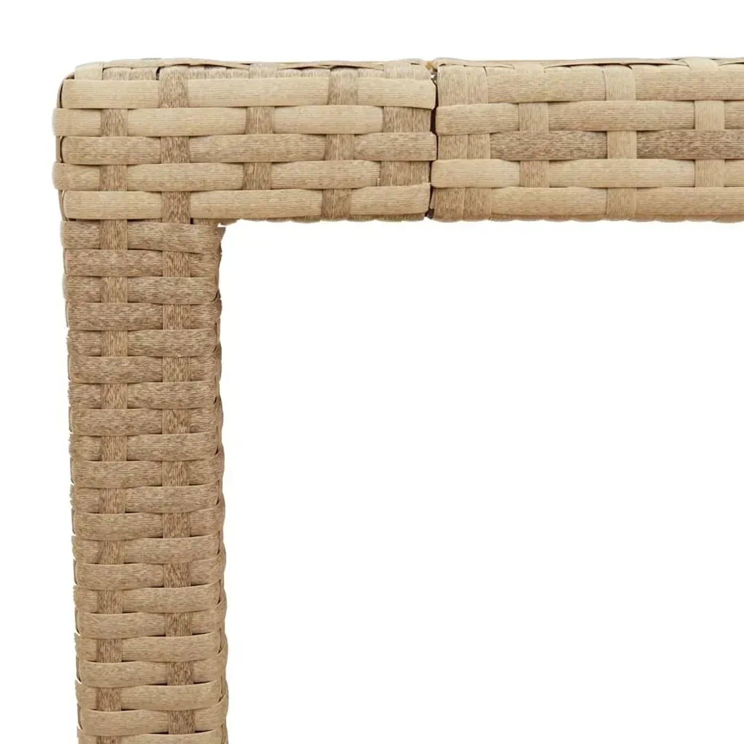 Detailansicht Gartentisch: Beige Poly Rattan und Akazienholz Ecke.