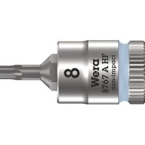 Wera Steckschlüsseleinsatz 1/4 Zoll T8 TORX, matt verchromt, mit blauer Haltefunktion. Robustes Werkzeug aus Stahl.