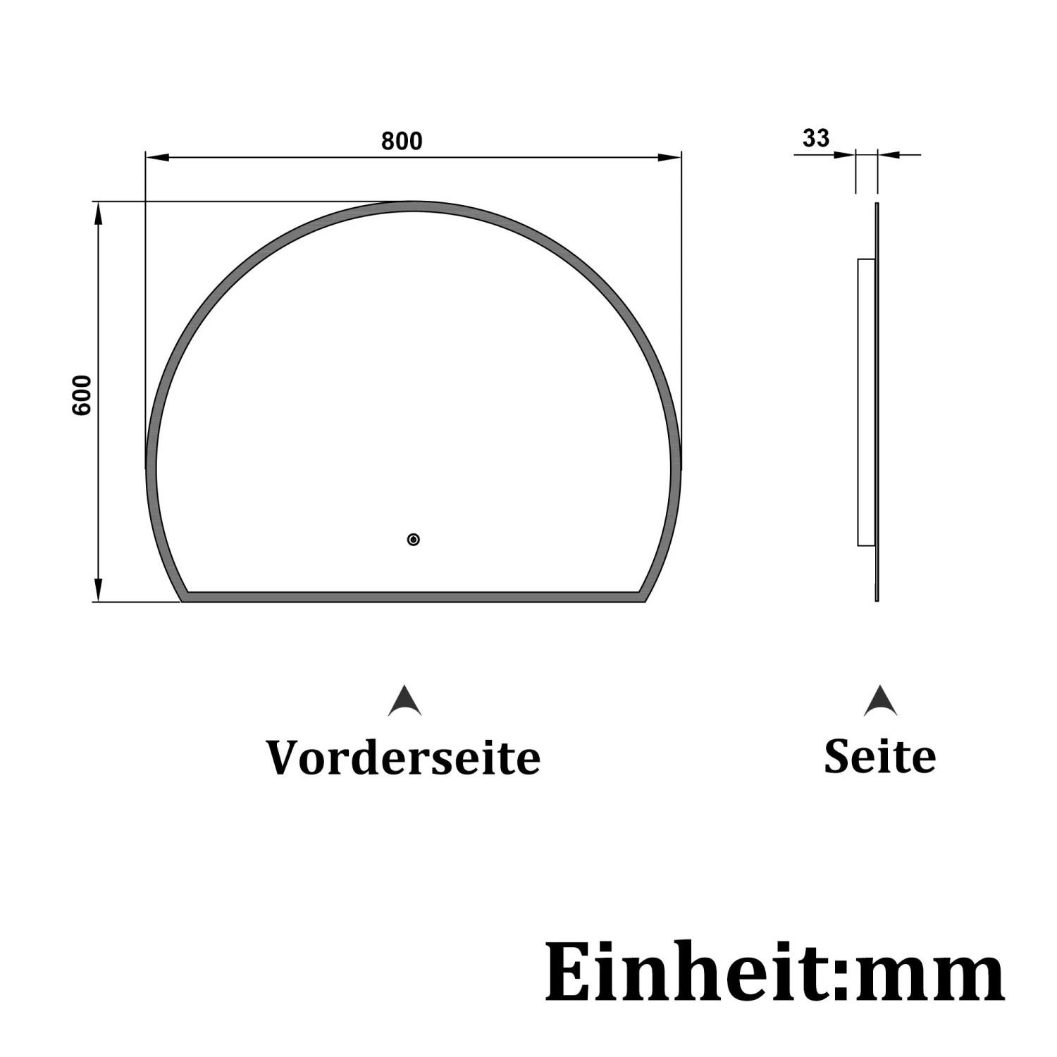 Technische Zeichnung: Aica Sanitär Badspiegel, halbrunder LED Spiegel 80x60 cm mit Maßangaben.