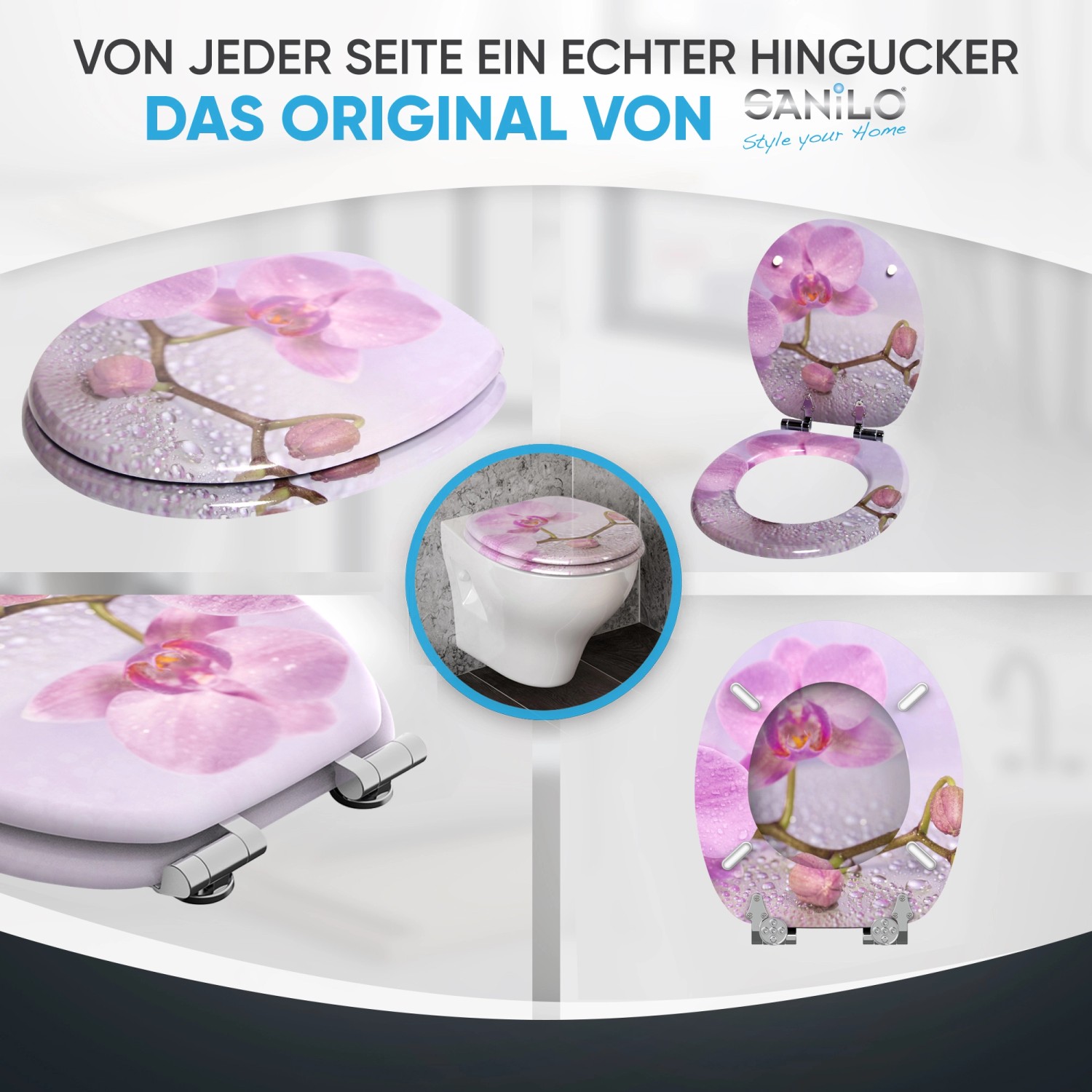 Sanilo WC-Sitz Blooming mit Absenkautomatik, Holz, Orchideen-Design.