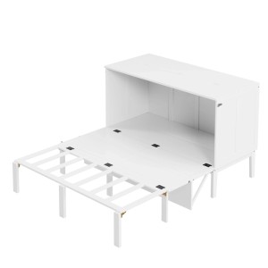 Weißes KOMHTOM Schrankbett 140x200 cm, vertikal ausgeklappt, mit Lattenrost. Platzsparendes Jugendbett aus Holz+MDF.