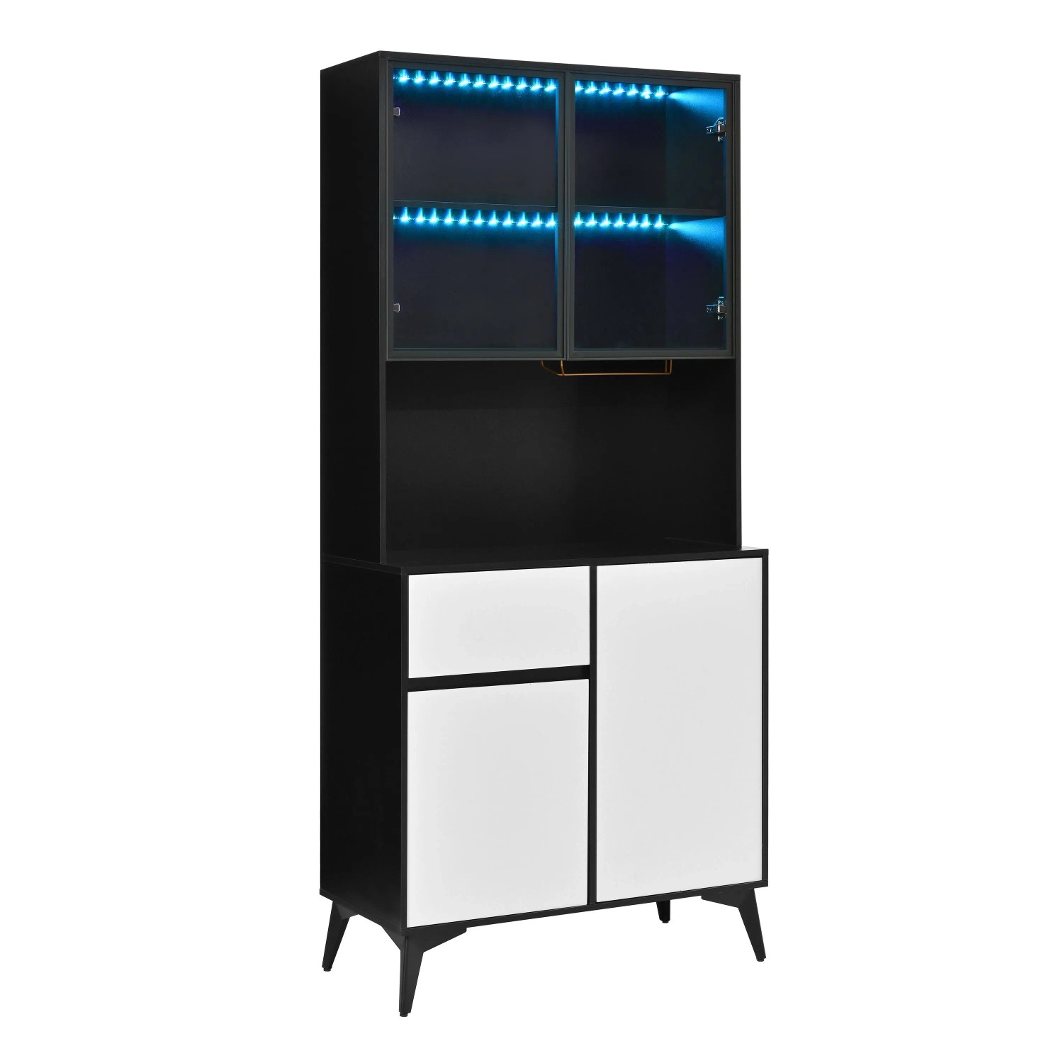 Merax Hochschrank LED Glasfront Schwarz Weiß MDF Stauraum