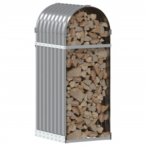 Hellgrauer Kaminholzunterstand aus verzinktem Stahl, gefüllt mit Holzscheiten.