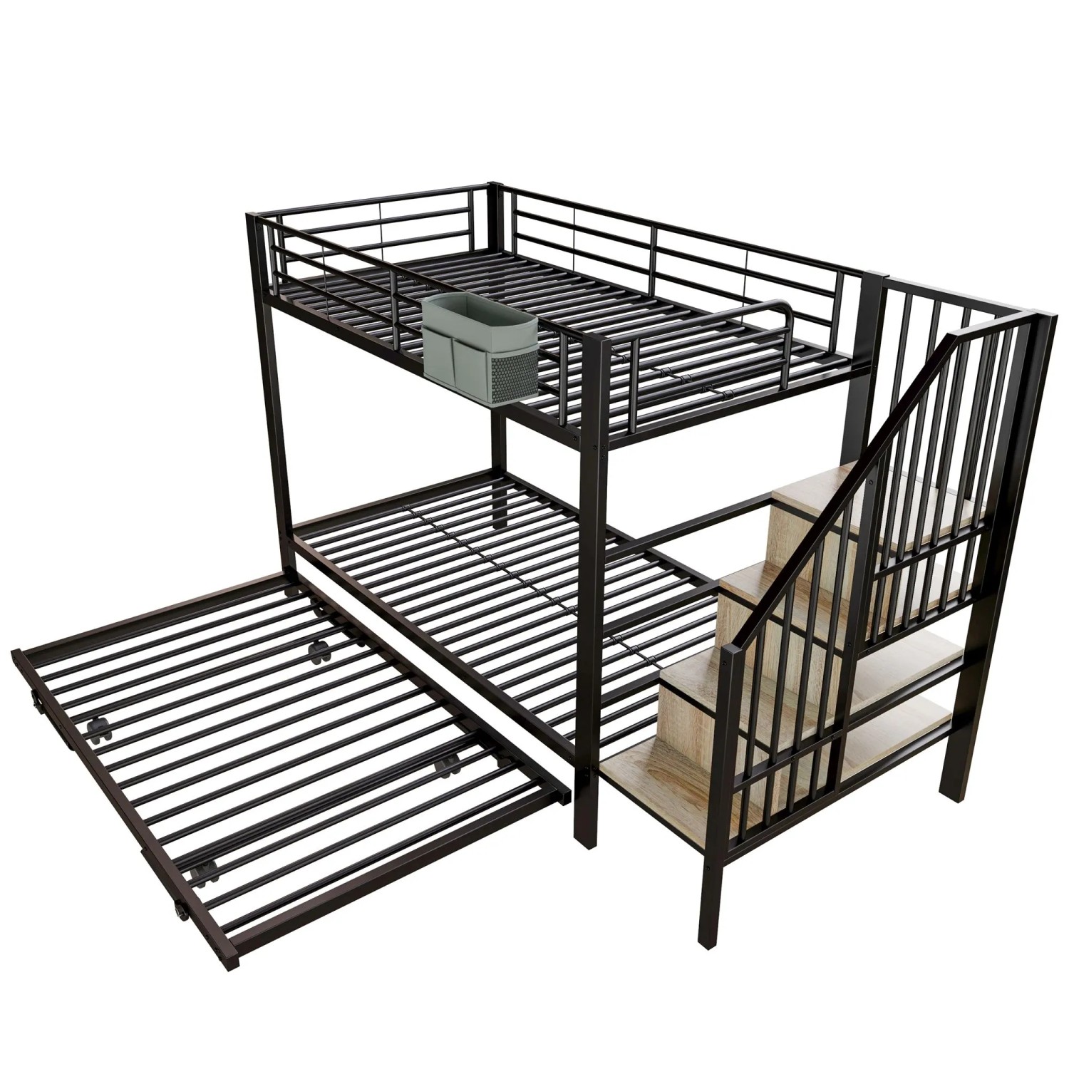 okwish Metall Etagenbett 90x200cm mit Ausziehbett und Stautreppe Schwarz ohne Matratze