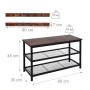 Schuhregal mit 2 Gitterablagen und 2 Hakenleisten im Industrial-Style. Schwarz-dunkelbraunes Set aus Metall und MDF für Flur.
