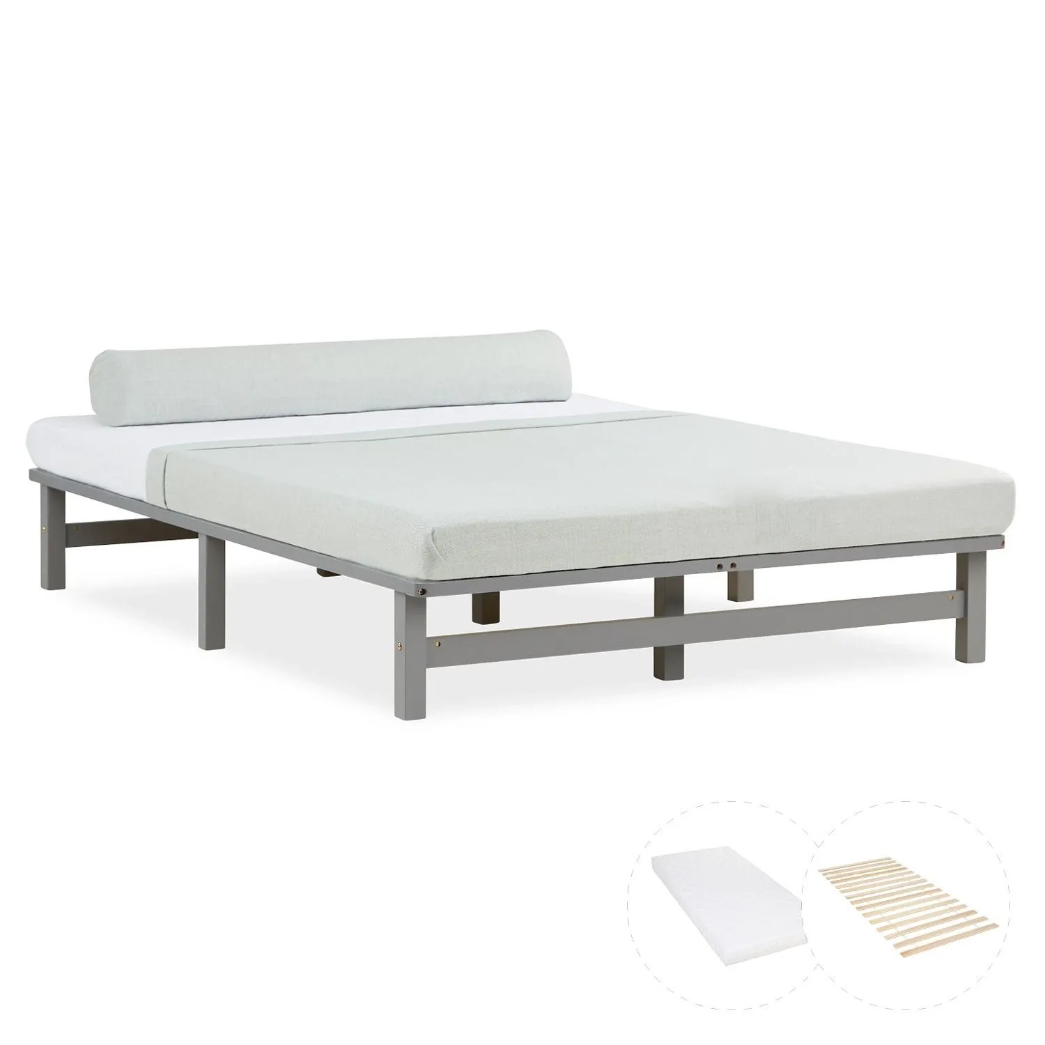 Homestyle4u Holzbett 140x200 mit Matratze Jugendbett Palettenbett Grau Futonbett 3050