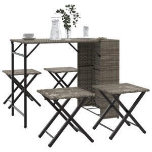 Graue, klappbare 5-tlg. Garten Essgruppe aus Poly Rattan mit Tisch und Hockern.