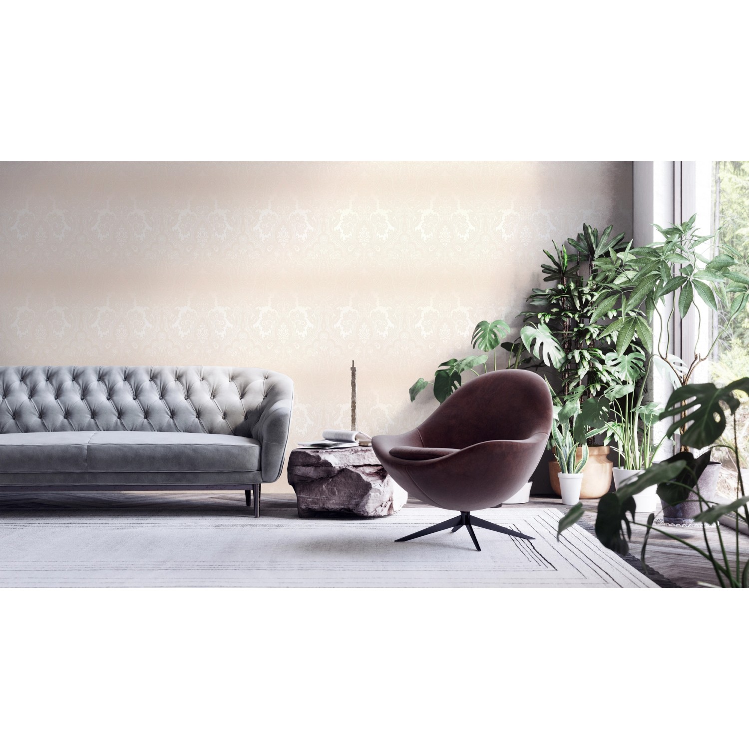 Wohnraum mit Vliestapete Barock Ornament in Perlweiß und Silber. Dekorative Tapete mit Glanz.