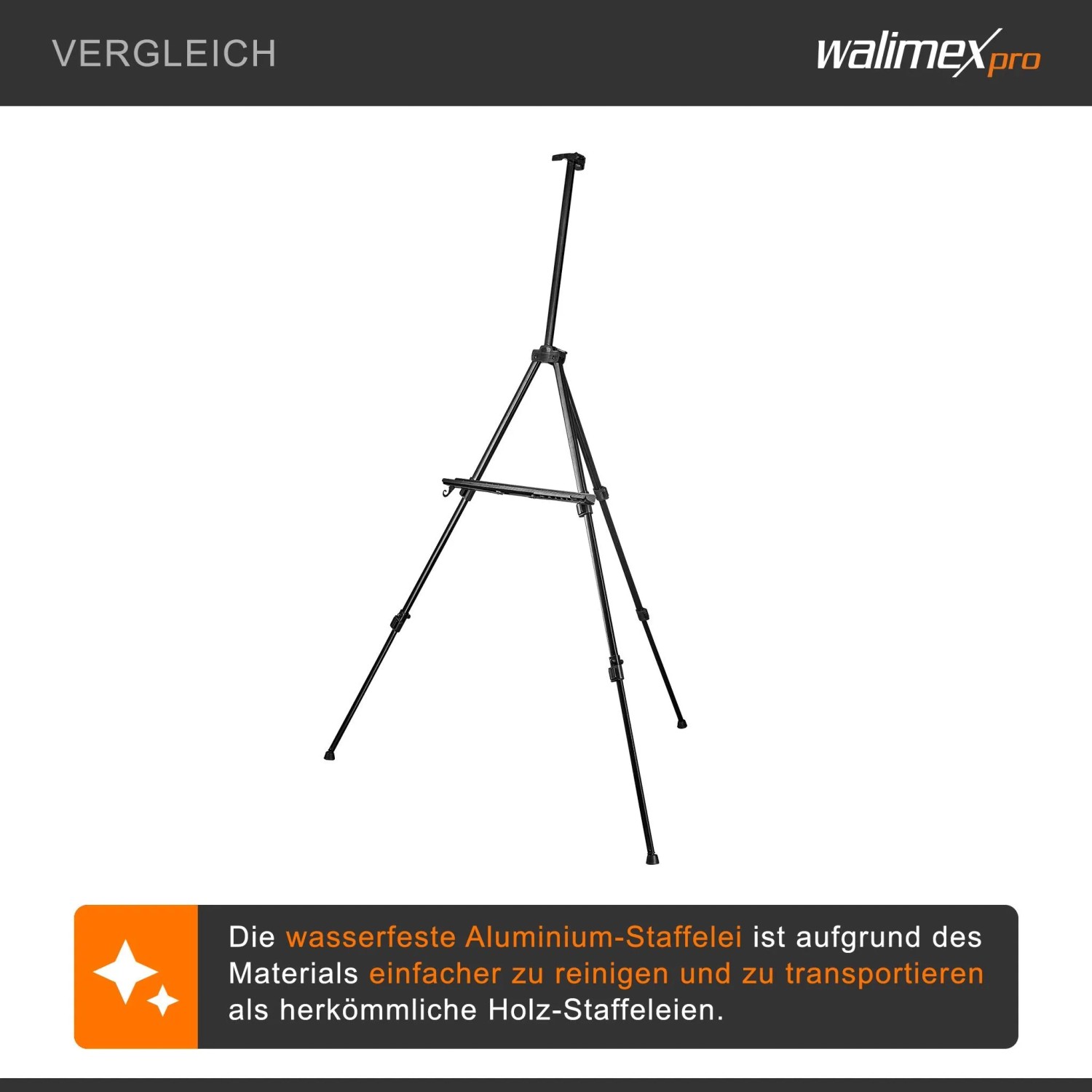 Schwarze Walimex Pro Aluminium-Feldstaffelei, 60-180cm, mit Stativ. Stabil für Leinwände bis 140cm.