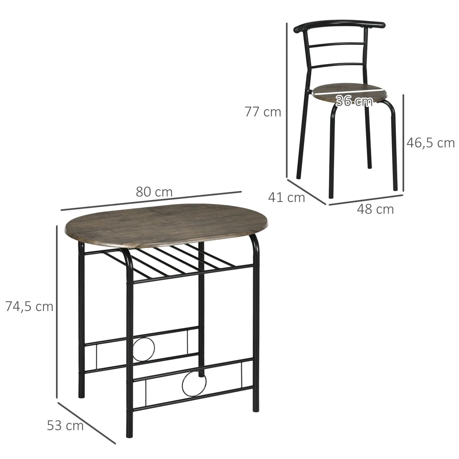 HOMCOM Essgruppe mit ovalem Tisch und 2 Stühlen. Schwarz, MDF & Metall, mit Ablage. Platzsparendes Esstisch-Set.