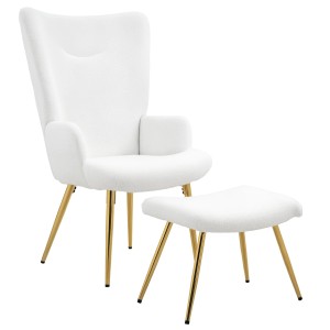 Weißer Ohrensessel mit Hocker, Bouclé-Bezug und goldenen Stahlbeinen. Loungesessel Set.