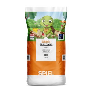 Weco Spielsand Sahara 25 kg Sack. Feiner, formstabiler Sand für Sandkasten. Orange-weißer Sack mit Schildkrötenmotiv.