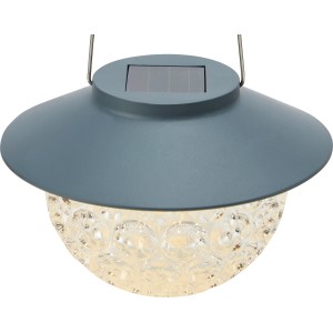 Rauchblaue Solar-LED-Hängeleuchte, Ø 13cm, mit strukturiertem Lampenschirm für stimmungsvolles Licht.