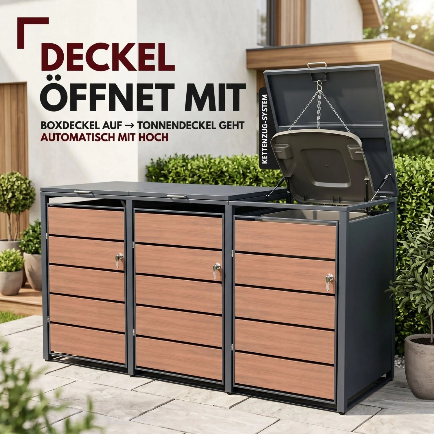 Albatros Mülltonnenbox 3er mit Holzdekor, abschließbar für drei 120/240 l Tonnen.