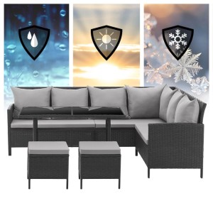 Svita Madison Rattan-Lounge Ecksofa Gartenmöbel-Set, schwarz, mit Tisch und Hockern.