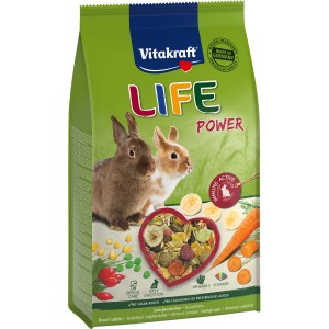 Vitakraft Kaninchenfutter Life Power 600g mit Karotten, Bananen und zwei Kaninchen auf der Packung.