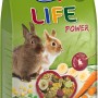 Vitakraft Kaninchenfutter Life Power 600g mit Karotten, Bananen und zwei Kaninchen auf der Packung.