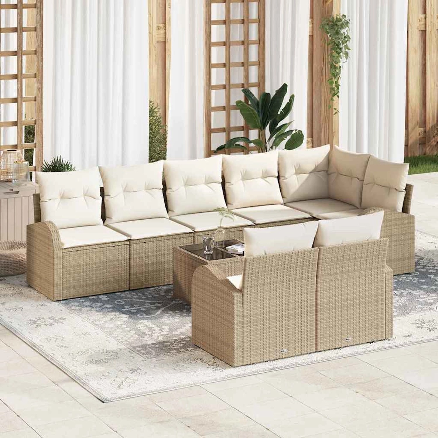 Beige-weißes 9-tlg. vidaXL Garten-Sofa-Set aus Polyrattan mit Tisch und Kissen.