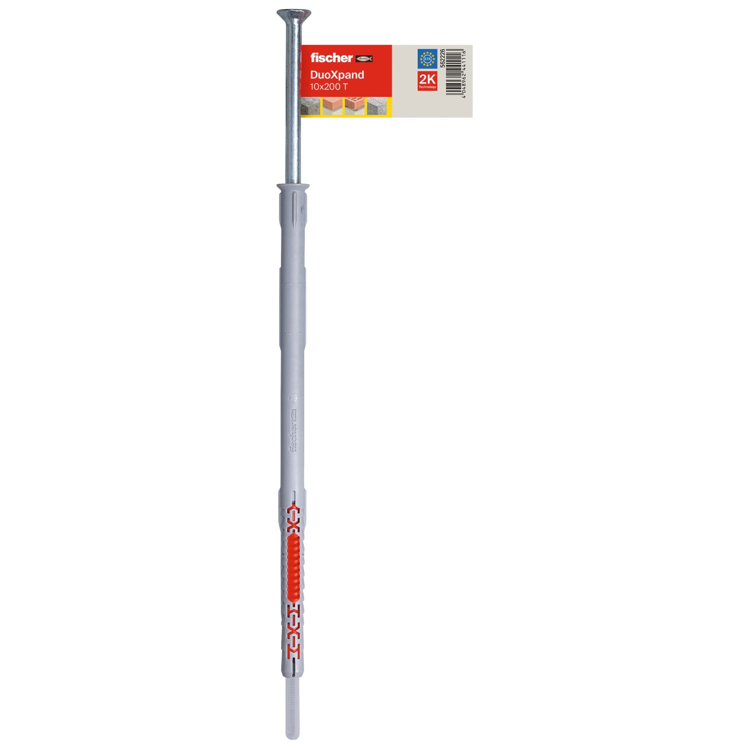 Fischer Langschaftdübel DuoXpand 10x200 mm mit Senkkopfschraube, geeignet für Beton und Mauerwerk.