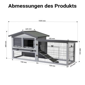 Wiltec Hühnerstall aus Holz mit Freilauf. Graues Hühnerhaus mit Rampe, Kotwanne und detaillierten Maßen.