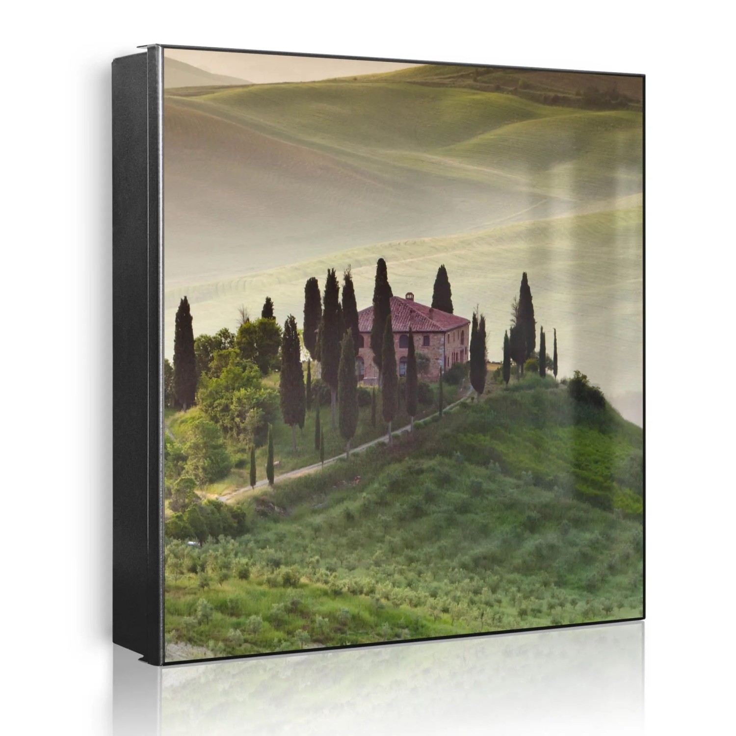Banjado Großer Schlüsselkasten Metall 30x30cm Schwarz Scharnier Rechts 32 Haken Beschreibbar Magnetisch Motiv Toscana