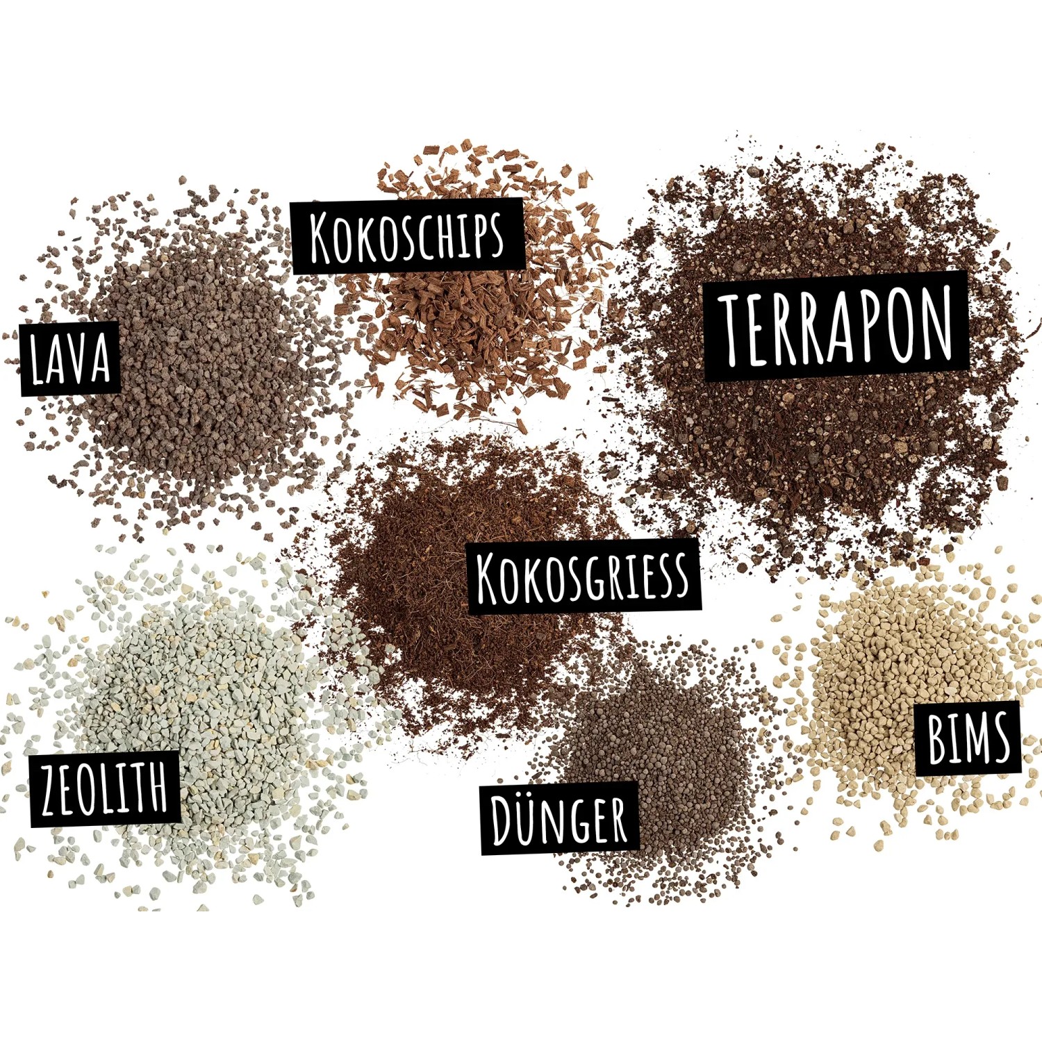 Bestandteile Lechuza Terrapon Kübelpflanzenerde: Lava, Kokoschips, Kokosgrieß, Zeolith, Dünger, Bims.