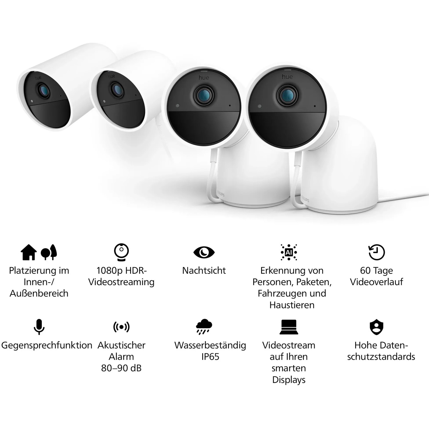 Philips Hue Secure Kamera, kabelgebunden, mit Standfuß, weiß. Ideal zur Videoüberwachung.