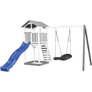 Axi Beach Tower Spielturm mit blauer Rutsche und Nestschaukel, grau-weißes Holz.