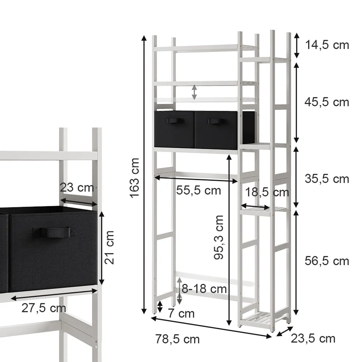 Weißes Vicco Toilettenregal Bilbao (79x163cm) mit 2 Vlies-Schubladen für mehr Stauraum im Bad.