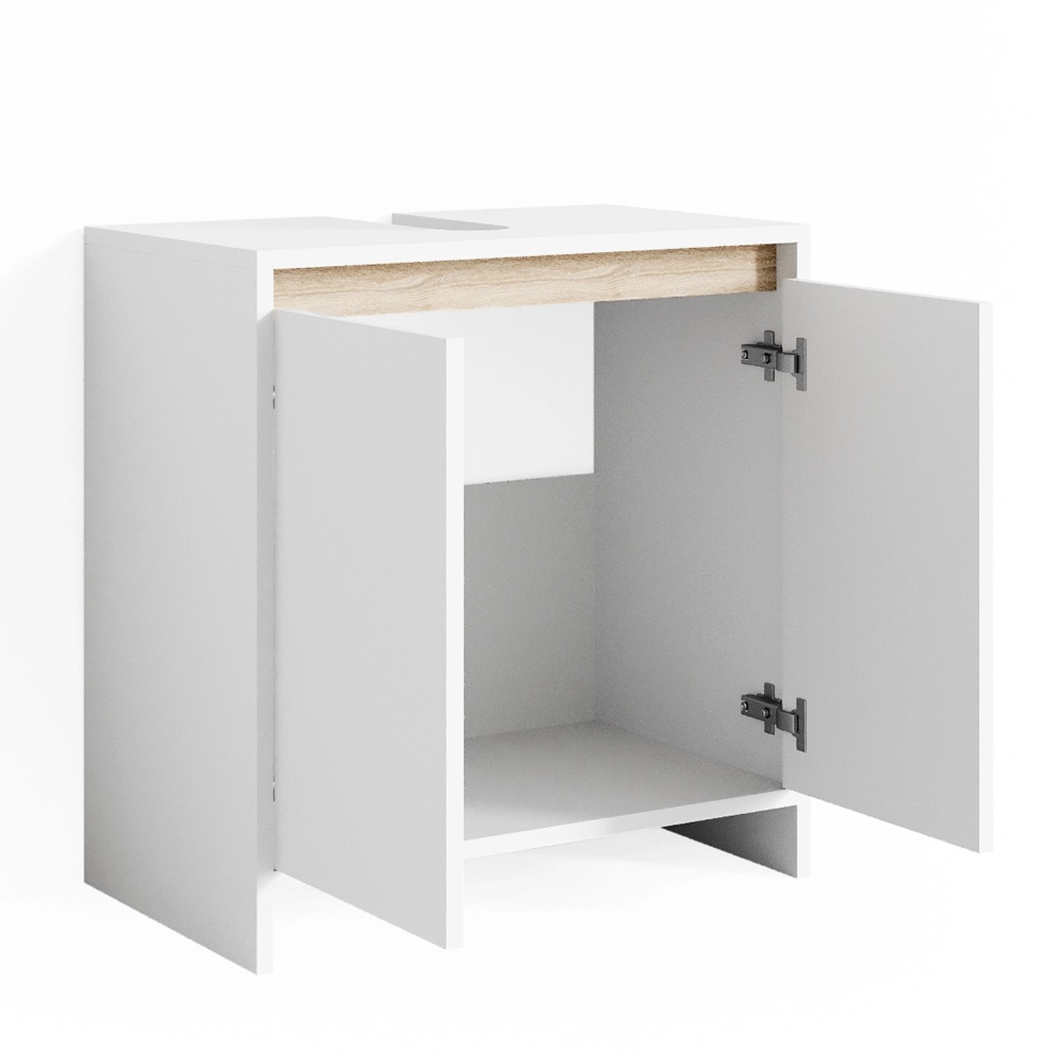 Waschbeckenunterschrank Emma in Weiß/Sonoma mit offenen Türen, Badmöbel.