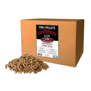 PINI Grillpellets Kirsche 10 kg: Braune Hartholzpellets (6mm) in Karton und als Haufen. Ideal zum Grillen & Räuchern.