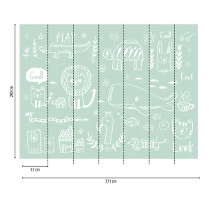 Mintgrüne Kindertapete mit Tieren als Vlies Fototapete für Kinderzimmer und Babyzimmer.