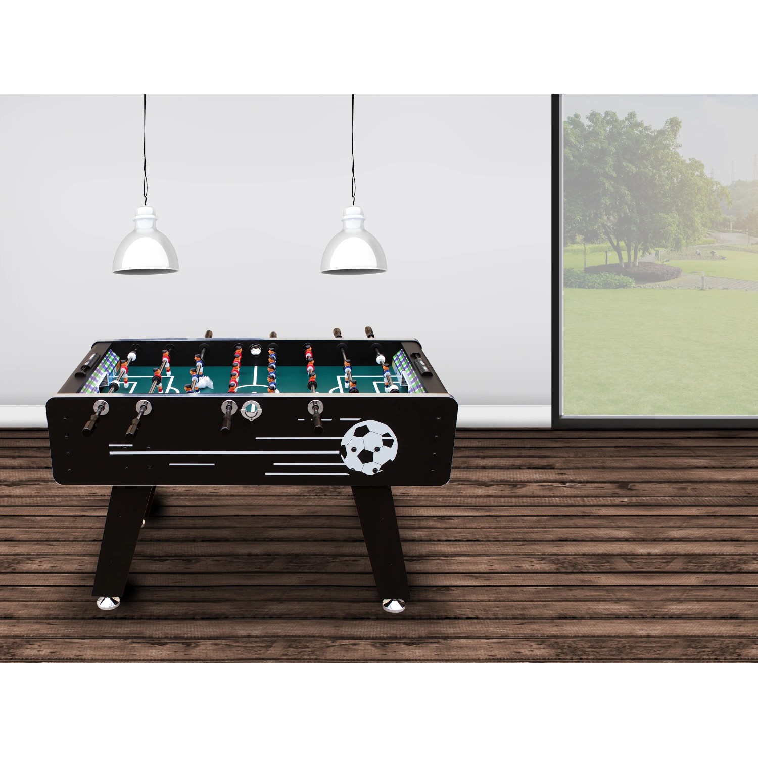 Cougar Arena TS Fußballtisch mit schwarzem Korpus und Fußball-Dekor. Spieltisch für Spiel & Spaß.