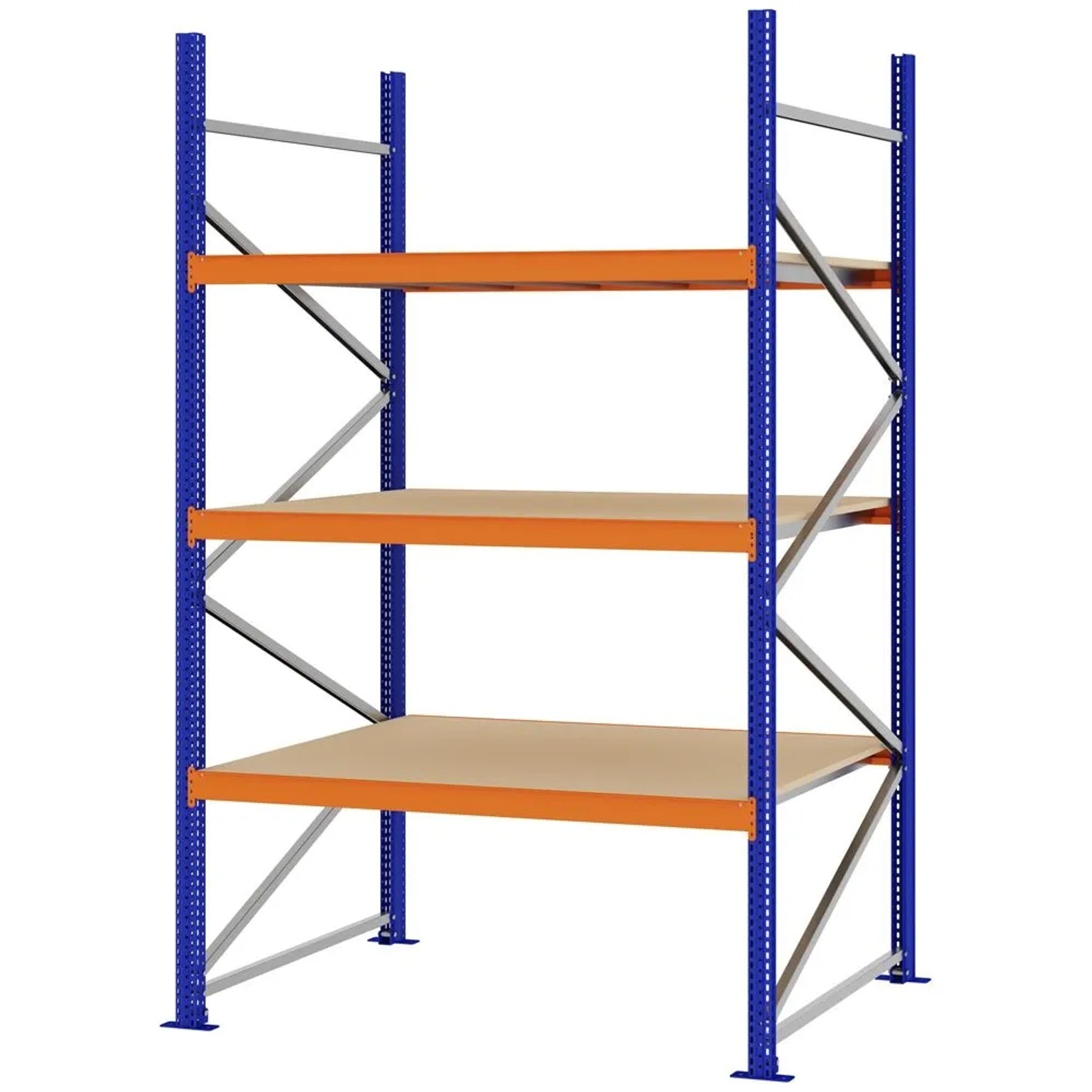PROREGAL Weitspannregal Schraub-Stecksystem MAGNUS PRO Made In Germany Grundregal 250x150x100cm 3 Ebenen Spanplattenböden Fachlast 750kg Blau/Orange
