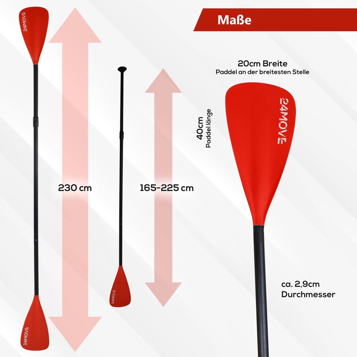 24MOVE Doppelpaddel 2in1 rot: SUP/Kajak Paddel mit Maßangaben (230cm/165-225cm).